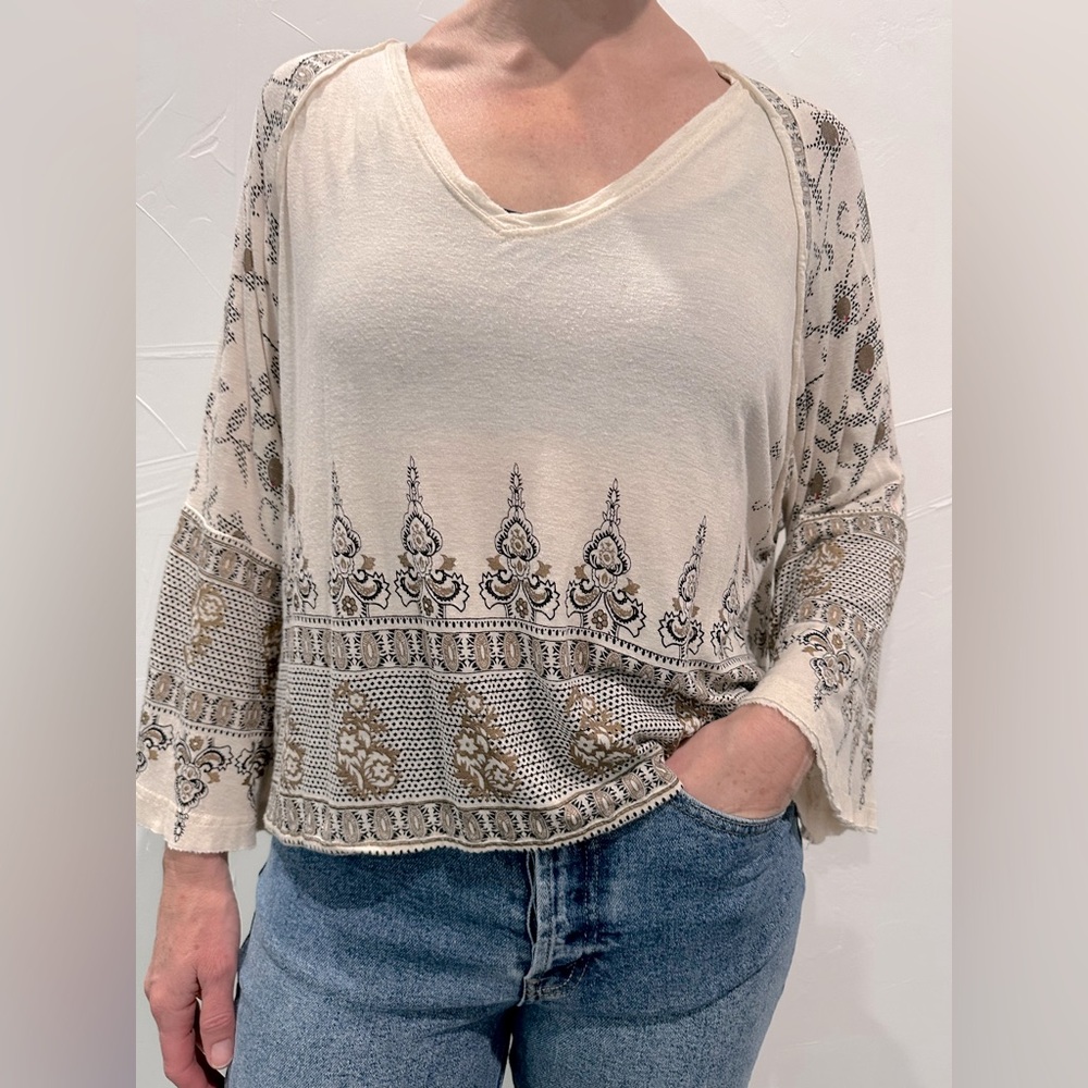Free People Cream Bohemian Patterned Long Sleeve Shirt-XS